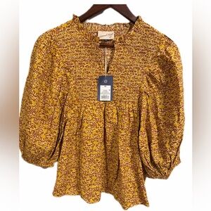 Universal Thread Boho Smocked Floral Peplum Top Mustard Yellow Size XS